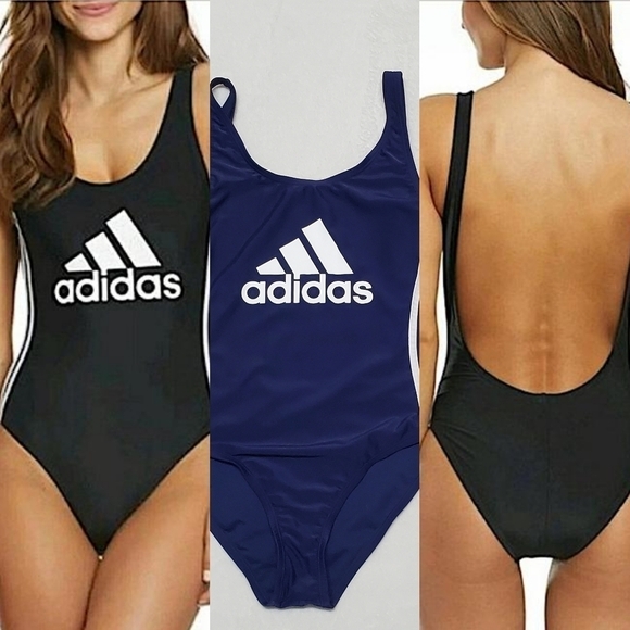 Adidas Blue White 3-Stripe Trefoil Logo Graphic Backless Swimsuit Bodysuit Large - Picture 1 of 9